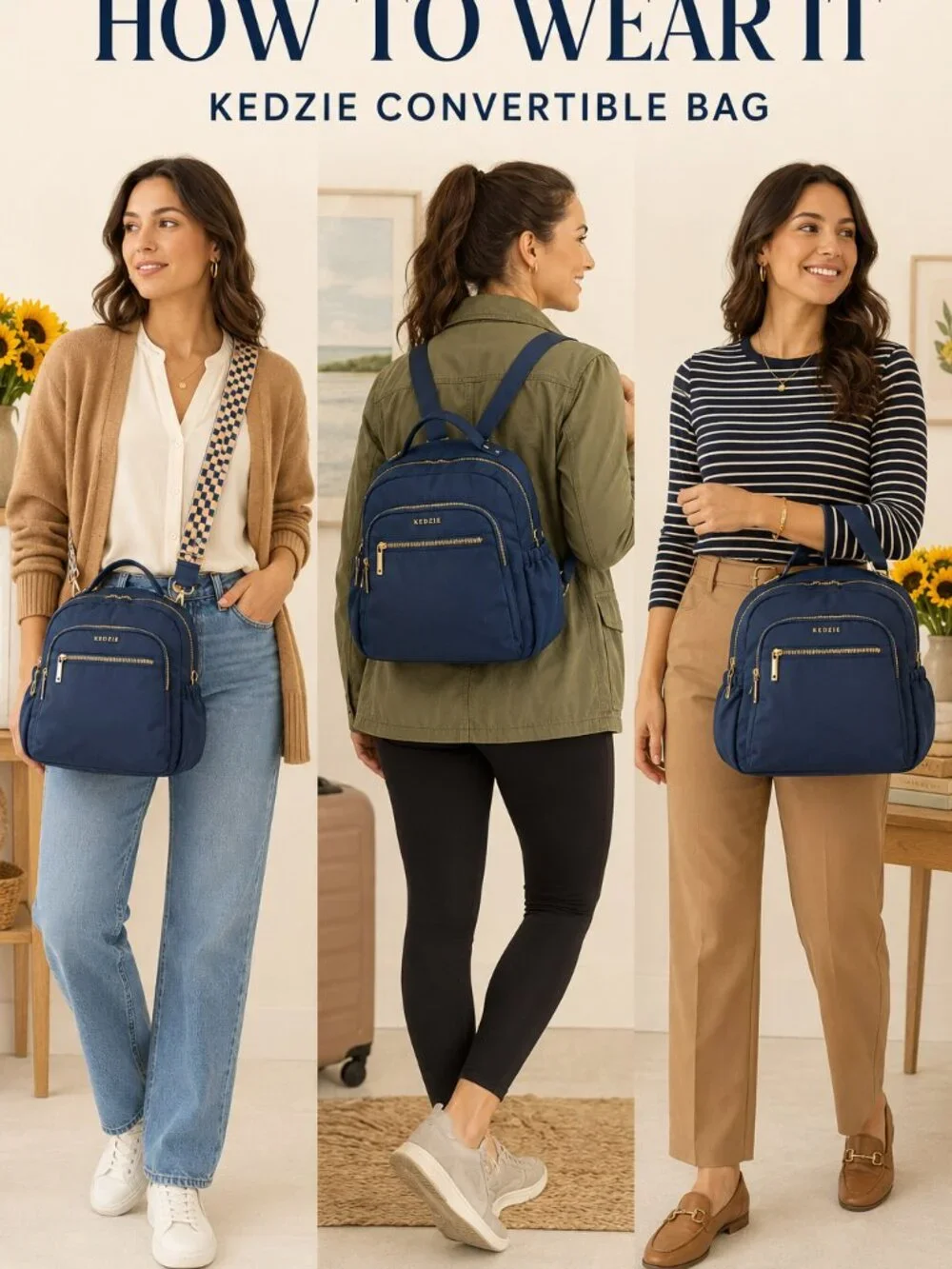 Kedzie Aire Navy Convertible Backpack Crossbody Bag Extra Strap